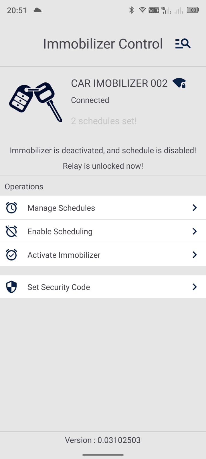 myMobi app showing a connected immobilizer with schedules set